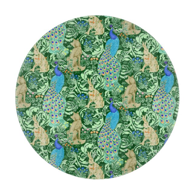 Art Nouveau Peacock Print, Cobalt Blue & Green Cutting Board (Front)