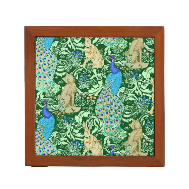 Art Nouveau Peacock Print, Cobalt Blue & Green Desk Organizer (Front)