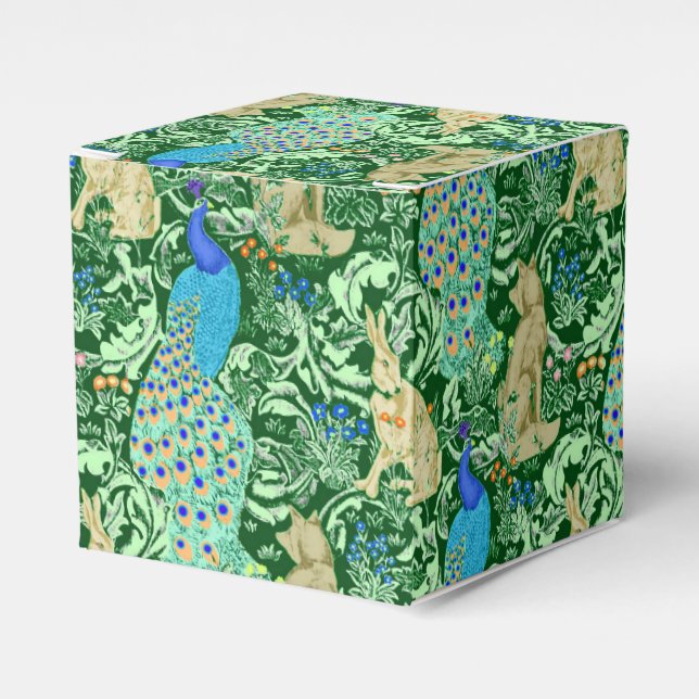 Art Nouveau Peacock Print, Cobalt Blue & Green Favor Boxes (Front Side)