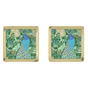 Art Nouveau Peacock Print, Cobalt Blue & Green Gold Cufflinks