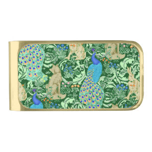 Art Nouveau Peacock Print, Cobalt Blue & Green Gold Finish Money Clip