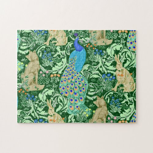 Art Nouveau Peacock Print Cobalt Blue  Green Jigsaw Puzzle