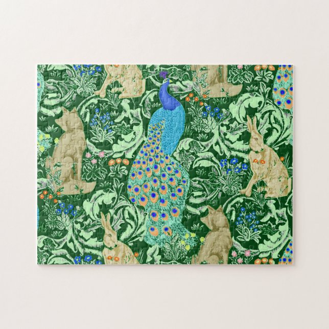 Art Nouveau Peacock Print, Cobalt Blue & Green Jigsaw Puzzle (Horizontal)