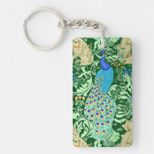 Art Nouveau Peacock Print, Cobalt Blue & Green Keychain