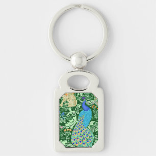 Art Nouveau Peacock Print, Cobalt Blue & Green Keychain