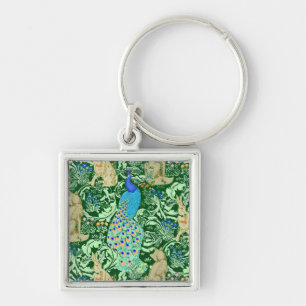 Art Nouveau Peacock Print, Cobalt Blue & Green Keychain