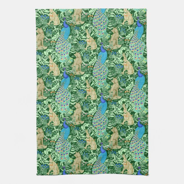 Art Nouveau Peacock Print, Cobalt Blue & Green Kitchen Towel (Vertical)