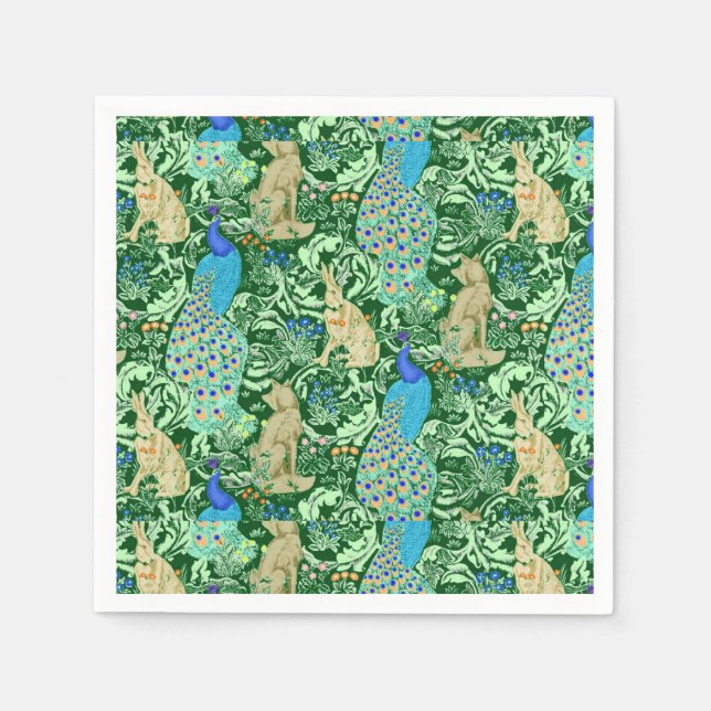 Art Nouveau Peacock Print, Cobalt Blue & Green Paper Napkins (Front)