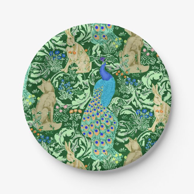 Art Nouveau Peacock Print, Cobalt Blue & Green Paper Plates (Front)