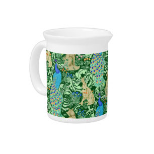 Art Nouveau Peacock Print, Cobalt Blue & Green Pitcher