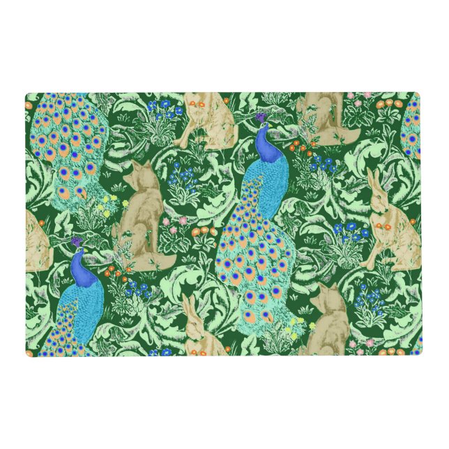 Art Nouveau Peacock Print, Cobalt Blue & Green Placemat (Back)