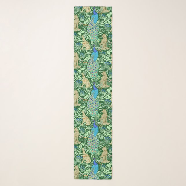Art Nouveau Peacock Print, Cobalt Blue & Green Scarf (Front)
