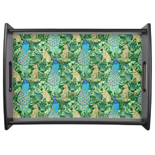 Art Nouveau Peacock Print, Cobalt Blue & Green Serving Tray