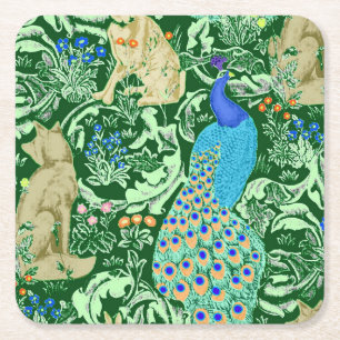 Art Nouveau Peacock Print, Cobalt Blue & Green Square Paper Coaster
