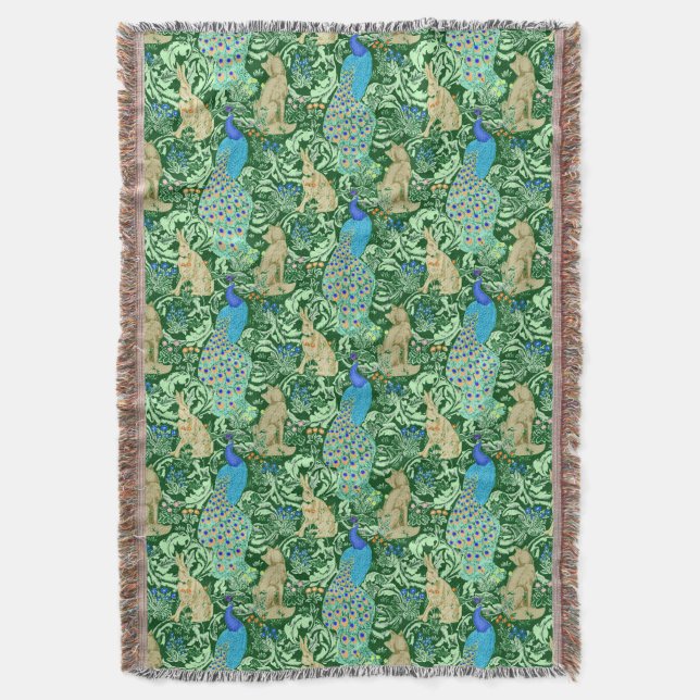 Art Nouveau Peacock Print, Cobalt Blue & Green Throw Blanket (Front Vertical)