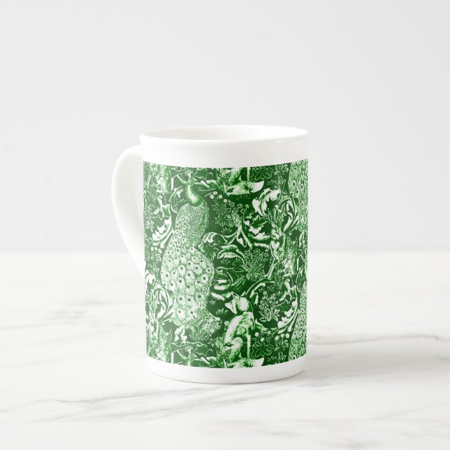 Art Nouveau Peacock Print, Forest Green Bone China Mug (Front Left)
