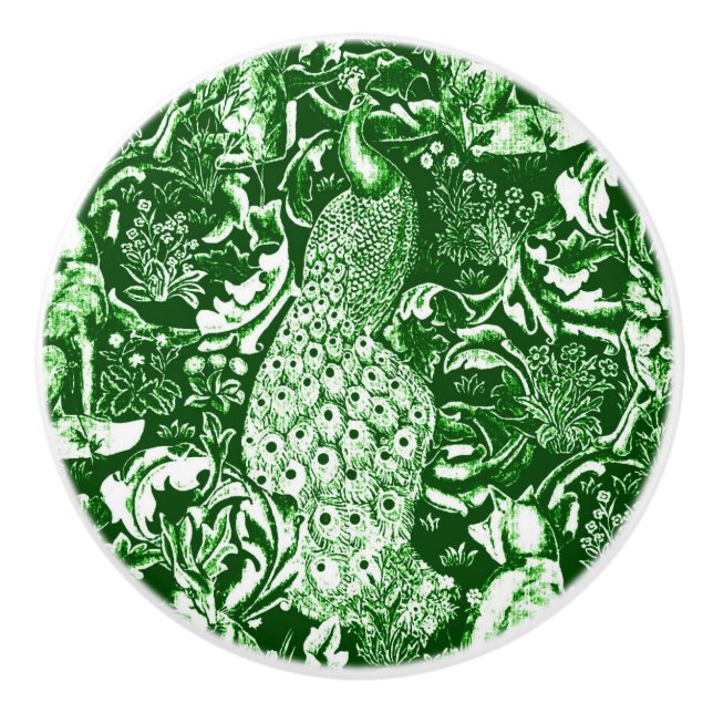 Art Nouveau Peacock Print, Forest Green Ceramic Knob (Front)