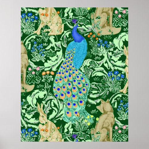 Art Nouveau Peacock Print Forest Green Poster