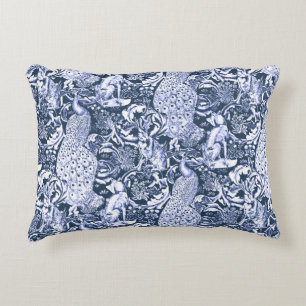 Art Nouveau Peacock Print, Navy and White Accent Pillow
