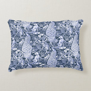 Art Nouveau Peacock Print, Navy and White Accent Pillow