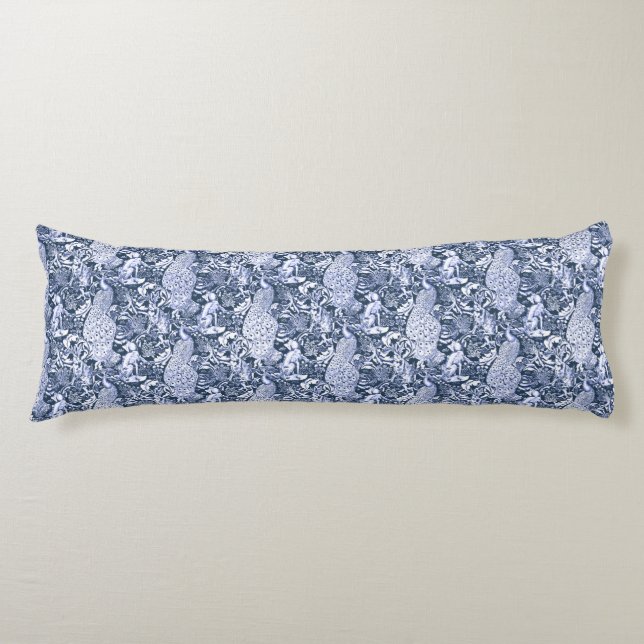Art Nouveau Peacock Print, Navy and White Body Pillow (Front)