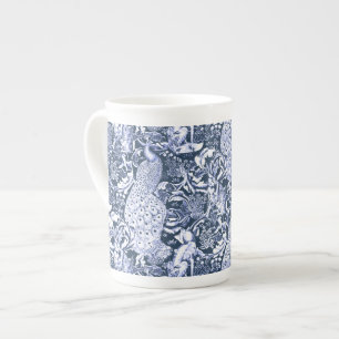 Art Nouveau Peacock Print, Navy and White Bone China Mug