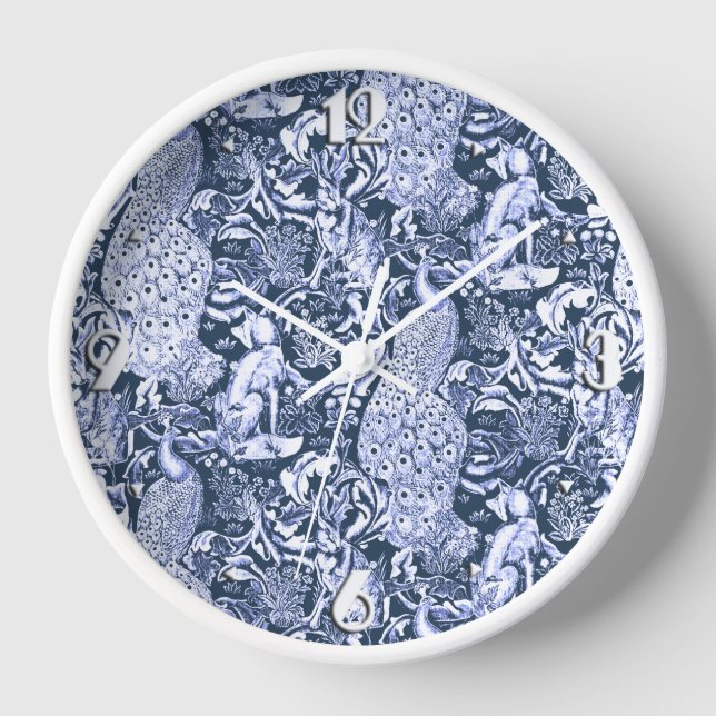 Art Nouveau Peacock Print, Navy and White Clock (Front)