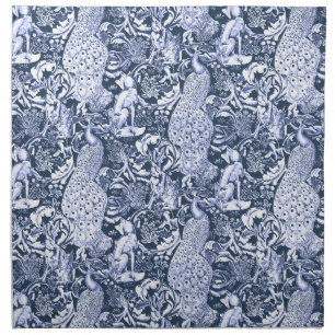 Art Nouveau Peacock Print, Navy and White Cloth Napkin