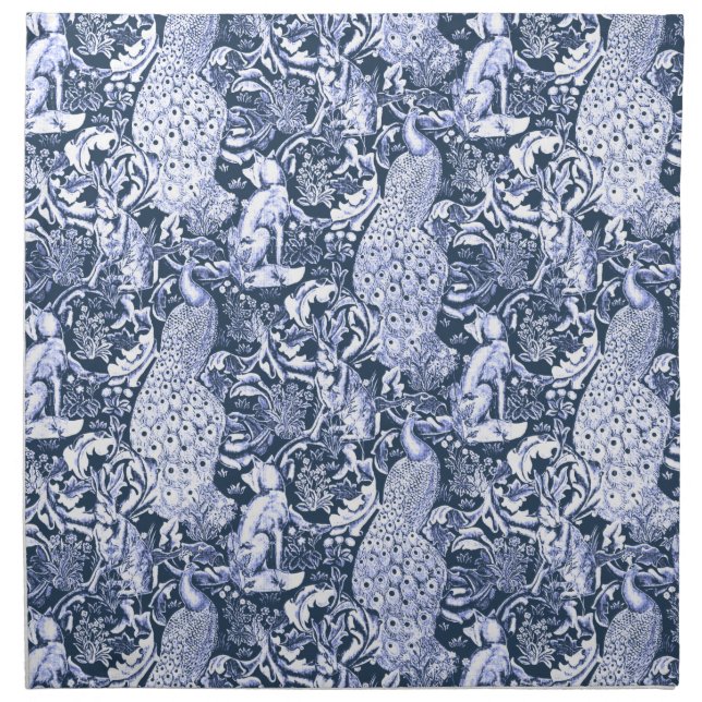 Art Nouveau Peacock Print, Navy and White Cloth Napkin (Front)