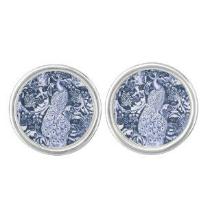 Art Nouveau Peacock Print, Navy and White Cufflinks