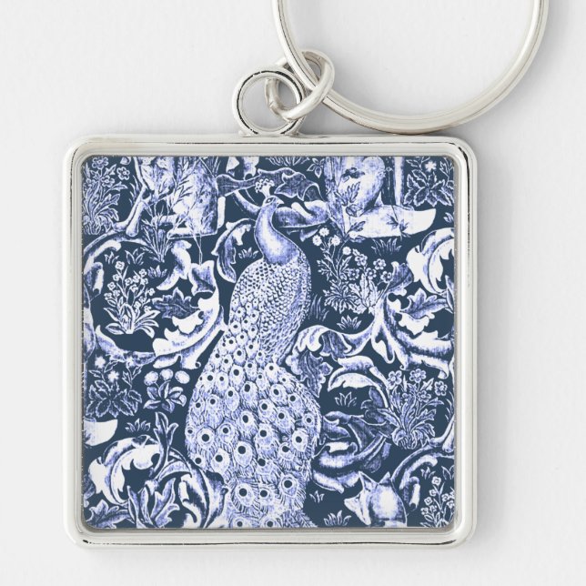 Art Nouveau Peacock Print, Navy and White Keychain (Front)