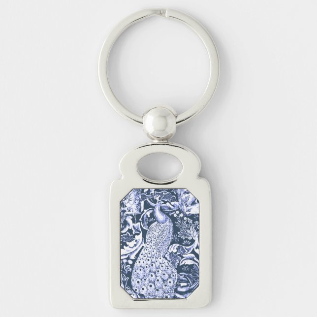 Art Nouveau Peacock Print, Navy and White Keychain (Front)