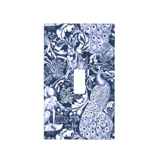 Art Nouveau Peacock Print, Navy and White Light Switch Cover (Front)
