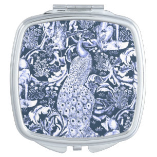 Art Nouveau Peacock Print, Navy and White Makeup Mirror