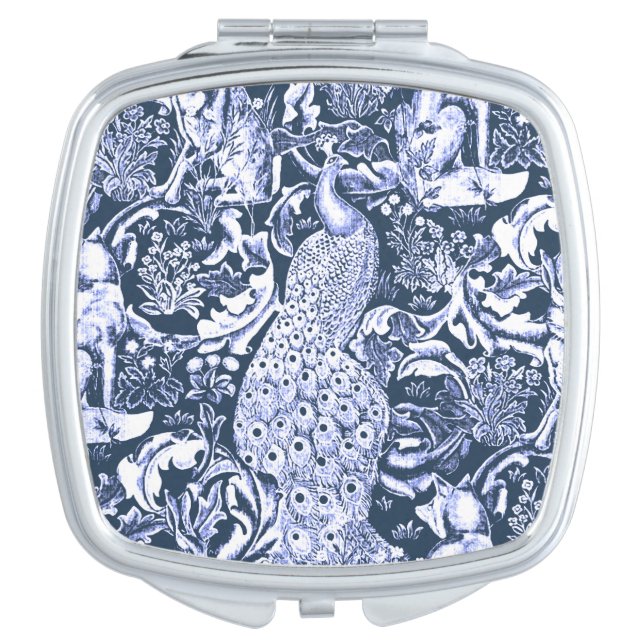 Art Nouveau Peacock Print, Navy and White Makeup Mirror (Front)