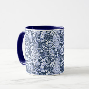 Art Nouveau Peacock Print, Navy and White Mug