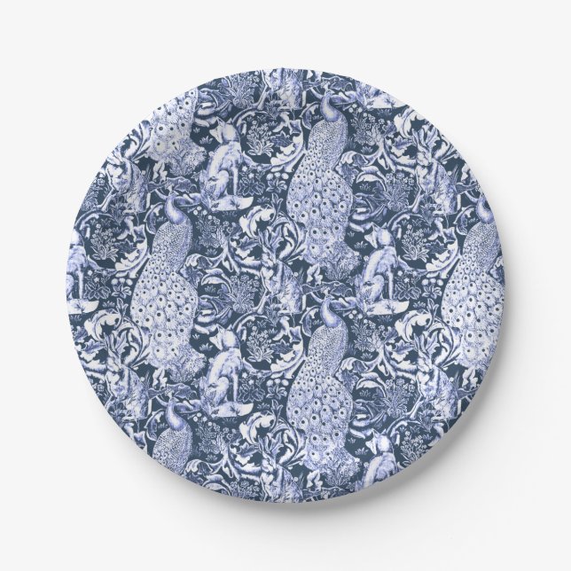 Art Nouveau Peacock Print, Navy and White Paper Plates (Front)