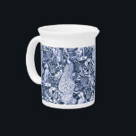 Art Nouveau Peacock Print, Navy and White Pitcher<br><div class="desc">Art nouveau pattern based on a vintage William Morris tapestry inspired fabric depicting a forest scene with peacocks,  hares and foxes</div>