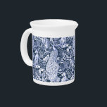 Art Nouveau Peacock Print, Navy and White Pitcher<br><div class="desc">Art nouveau pattern based on a vintage William Morris tapestry inspired fabric depicting a forest scene with peacocks,  hares and foxes</div>