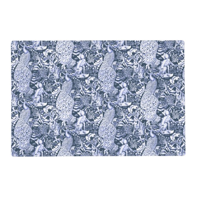 Art Nouveau Peacock Print, Navy and White Placemat (Front)