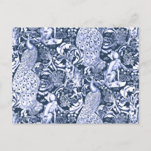 Art Nouveau Peacock Print, Navy and White Postcard