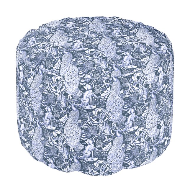 Art Nouveau Peacock Print, Navy and White Pouf (Angled Front)