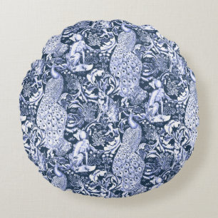 Art Nouveau Peacock Print, Navy and White Round Pillow