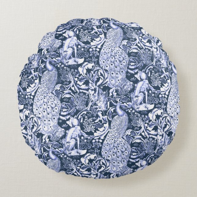Art Nouveau Peacock Print, Navy and White Round Pillow (Front)