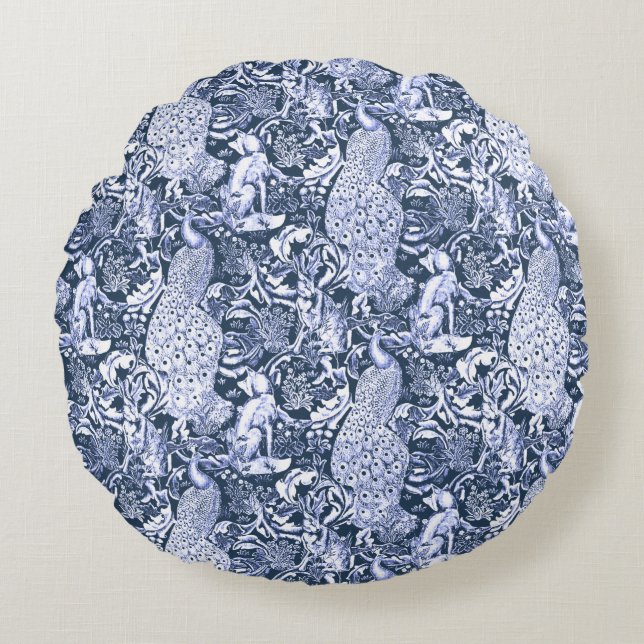 Art Nouveau Peacock Print, Navy and White Round Pillow (Front)