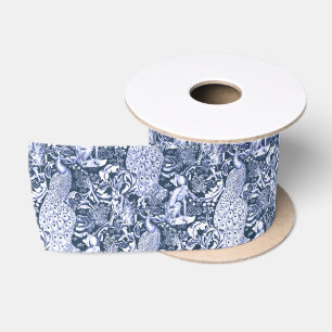 Art Nouveau Peacock Print, Navy and White Satin Ribbon