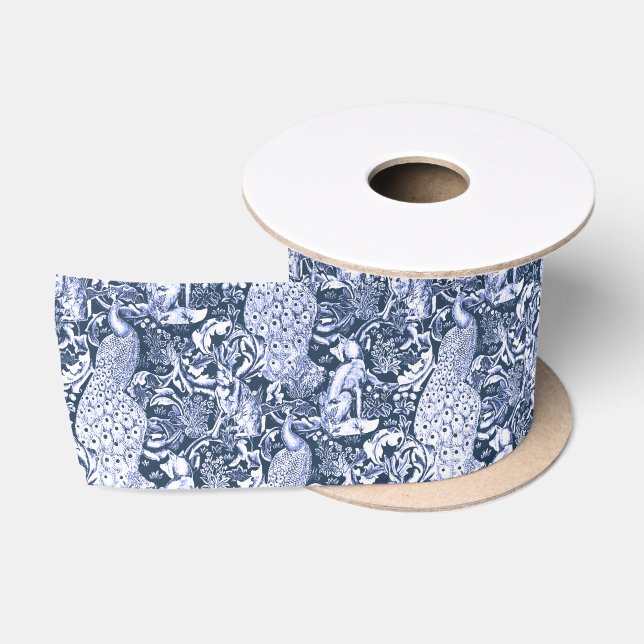 Art Nouveau Peacock Print, Navy and White Satin Ribbon (Spool)