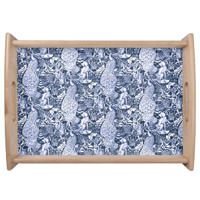 Art Nouveau Peacock Print, Navy and White Serving Tray (Front)