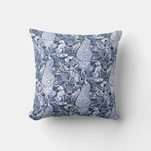 Art Nouveau Peacock Print, Navy and White Throw Pillow