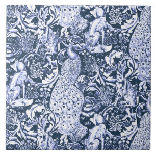 Art Nouveau Peacock Print, Navy and White Tile